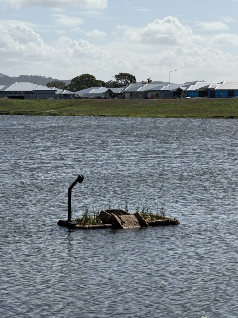 The Turtle Island floating wetland anchored in the lake, with the wildlife camera on top